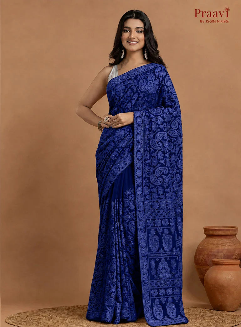 Kairi Deep Blue Georgette Lucknow Chikankari Saree