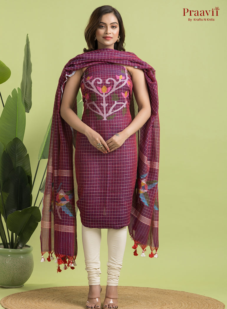 Burgundy Unstitched Cotton Jamdani 2-Piece Suit Set