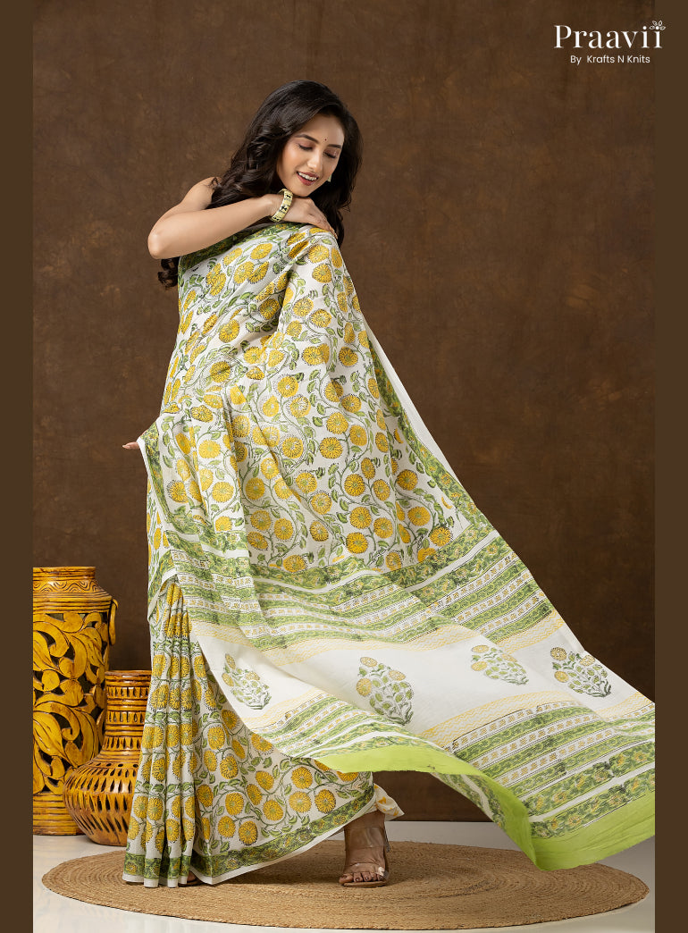 Yellow Green Bagru Print Pure Mul Cotton Saree