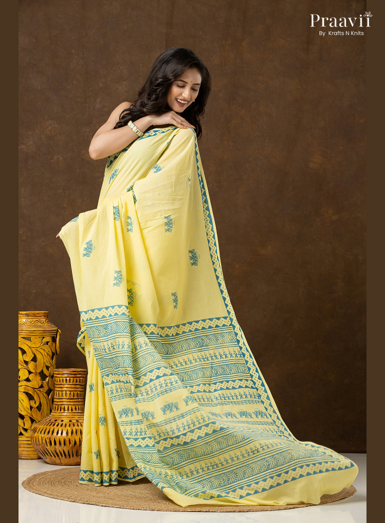 Lemon Yellow Pure Cotton Saree with Hand Block