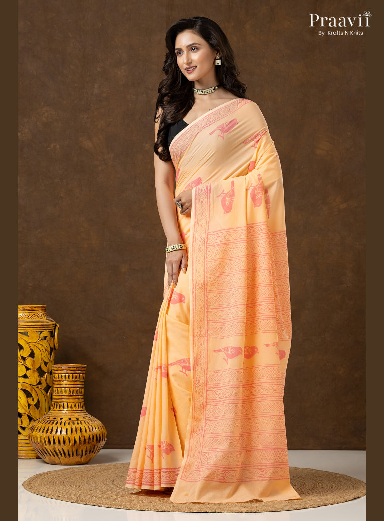Peach Pure Cotton Saree with Hand Block Print