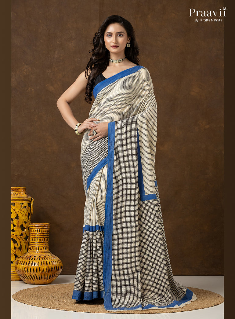 Stripes & Checks Bagru Print Mul Cotton Saree