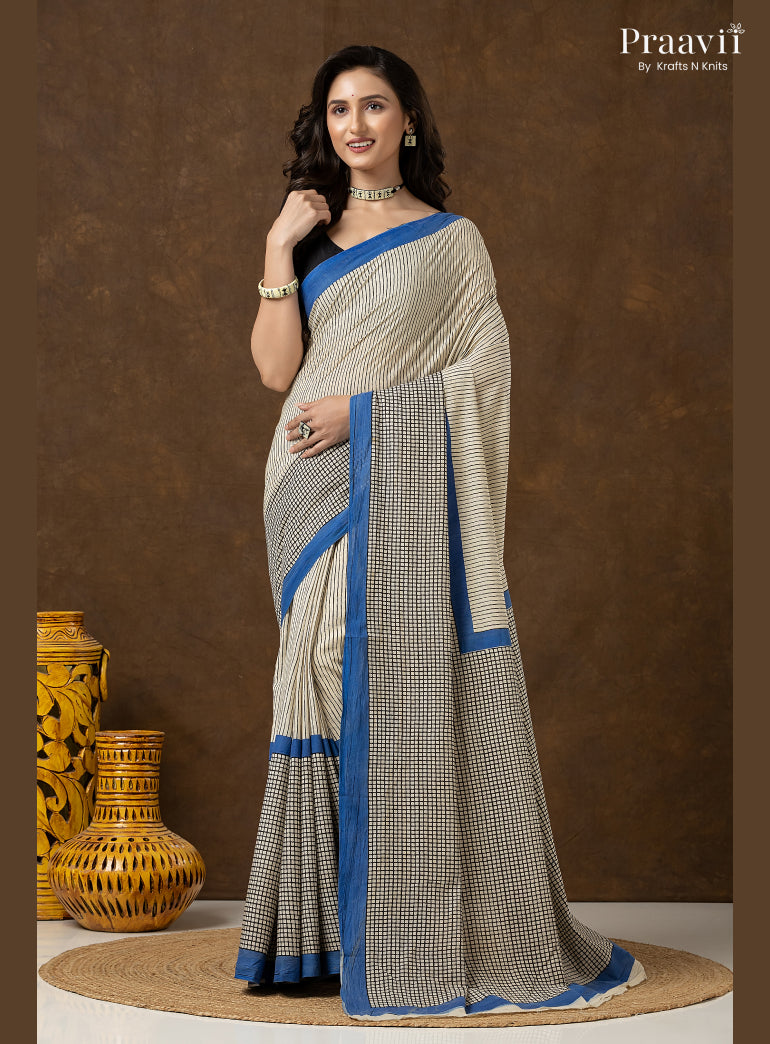 Stripes & Checks Bagru Print Mul Cotton Saree