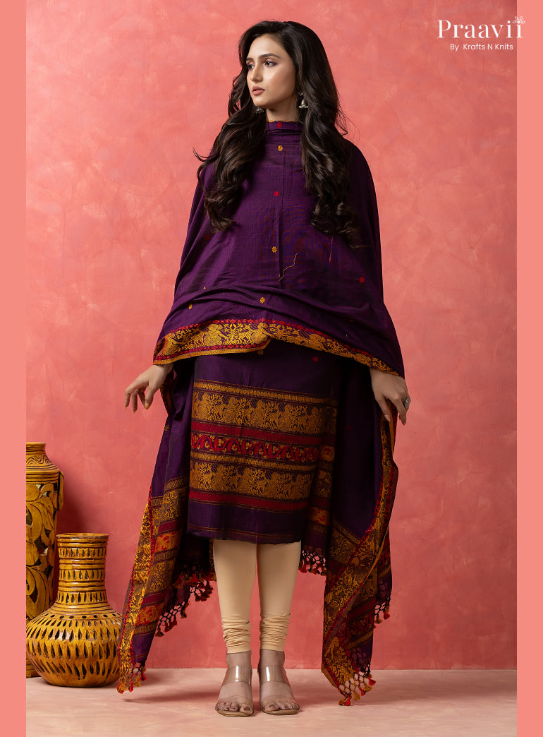 Purple Cotton Jamdani Baluchari Unstitched 2-Piece Set