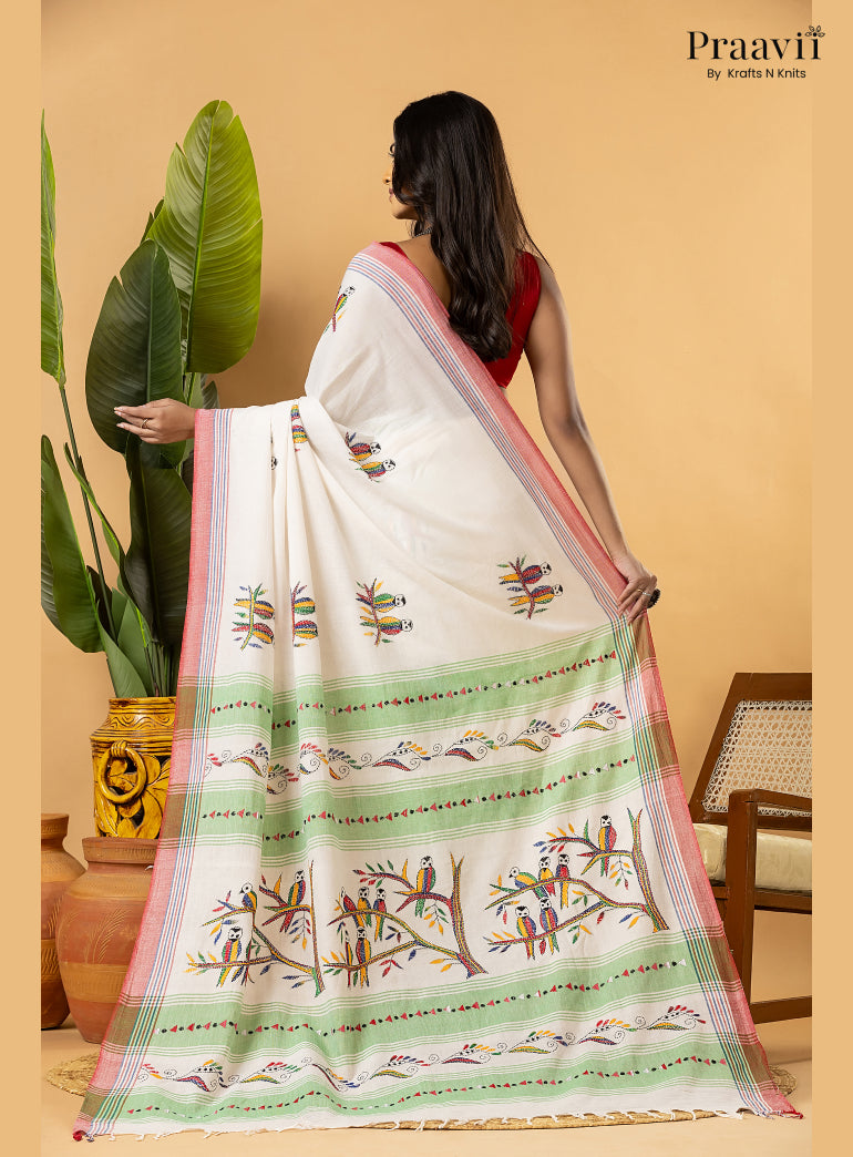 Off White Pure Cotton Saree with Kantha Stitch Embroidery