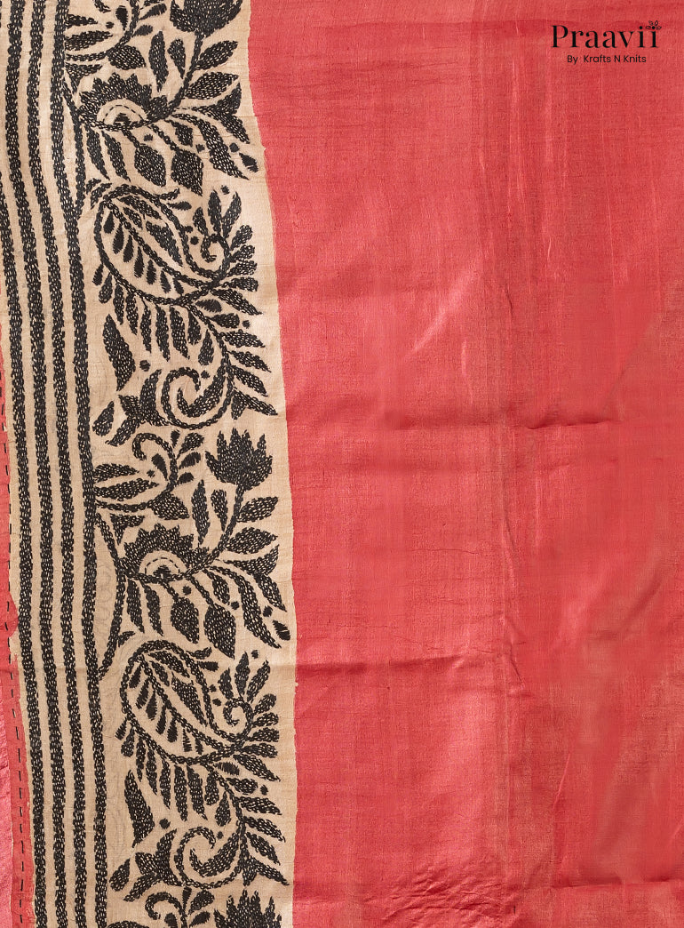 Strawberry Red Pure Gachi by Gachi Tussar Saree with Kantha Stitch