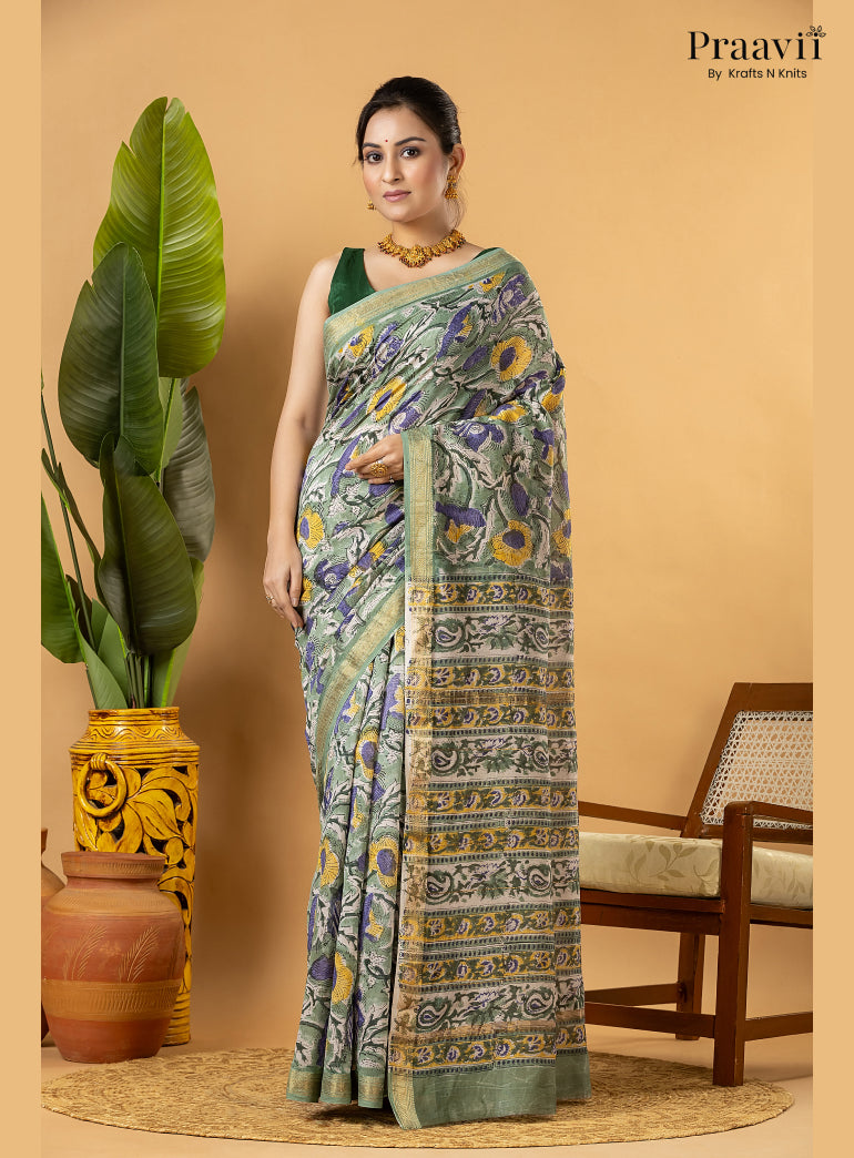White Maheshwari Silk by Cotton Saree with Hand Block Print