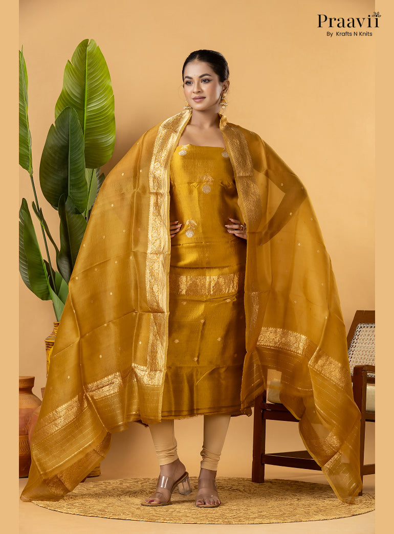 Lime Gold Pure Banarasi Silk Suit Set