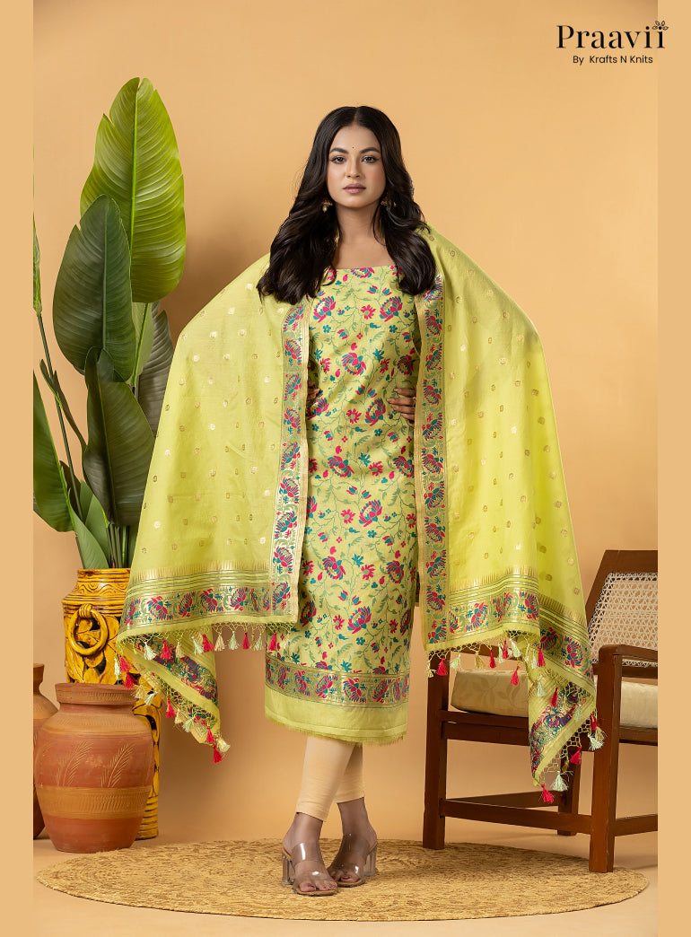 Yellow Banarasi Silk Suit Set with Meenakari Weaving