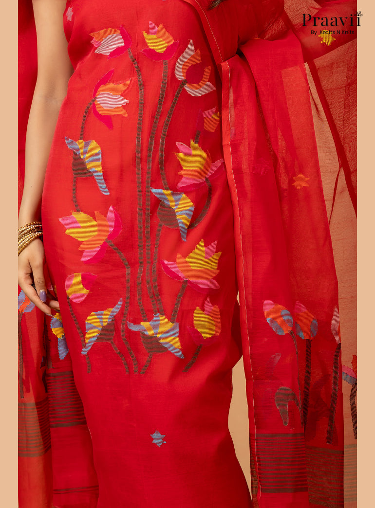 Bright Red Muslin Lotus Jamdani Handwoven 2-Piece Suit Set