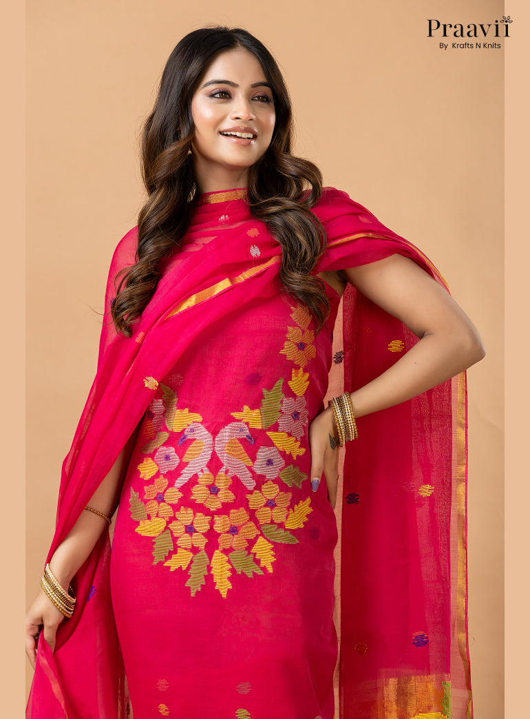 Rani Pink Muslin Jamdani 2-Piece Suit Set with Tissue Dupatta