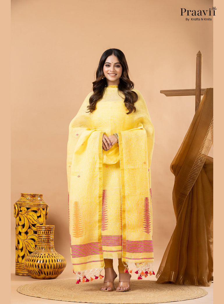 Chrome Yellow Linen Handwoven Jamdani 2-Piece Suit Set