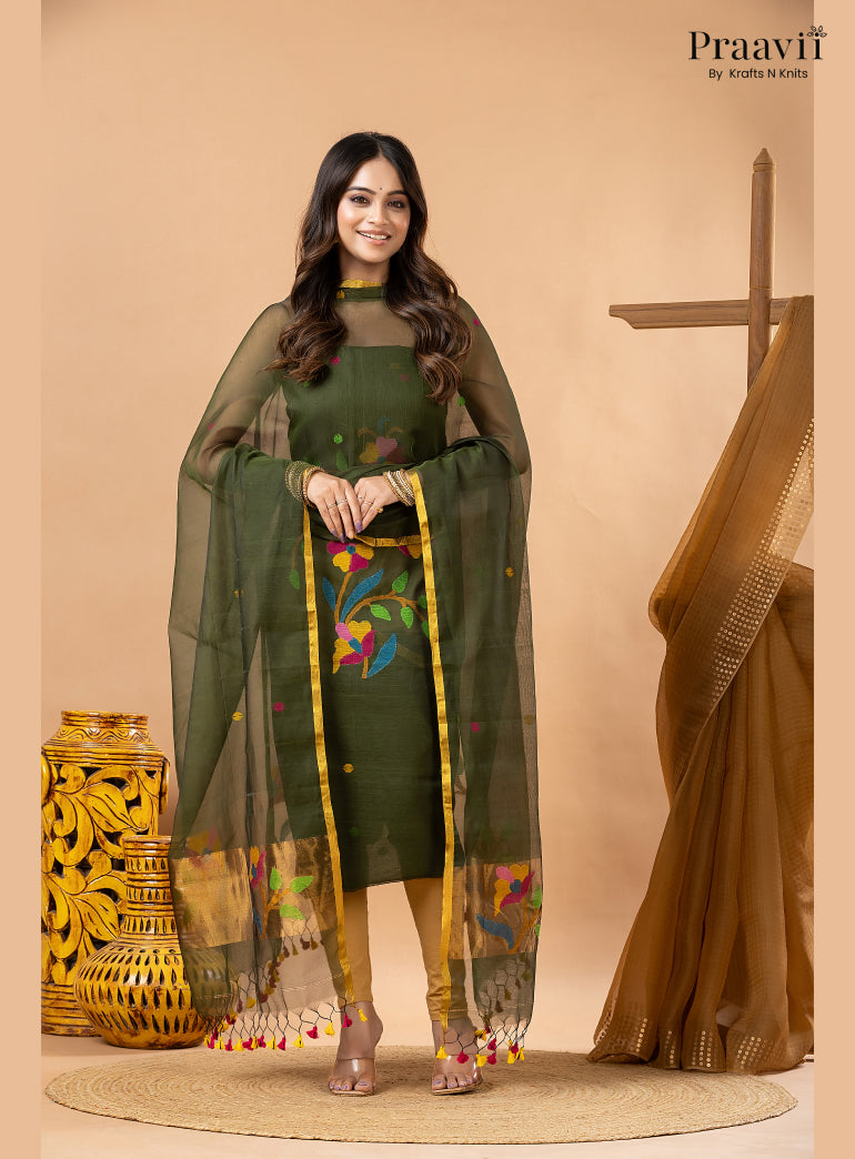 Army Green Muslin Tissue Jamdani 2-Piece Suit Set