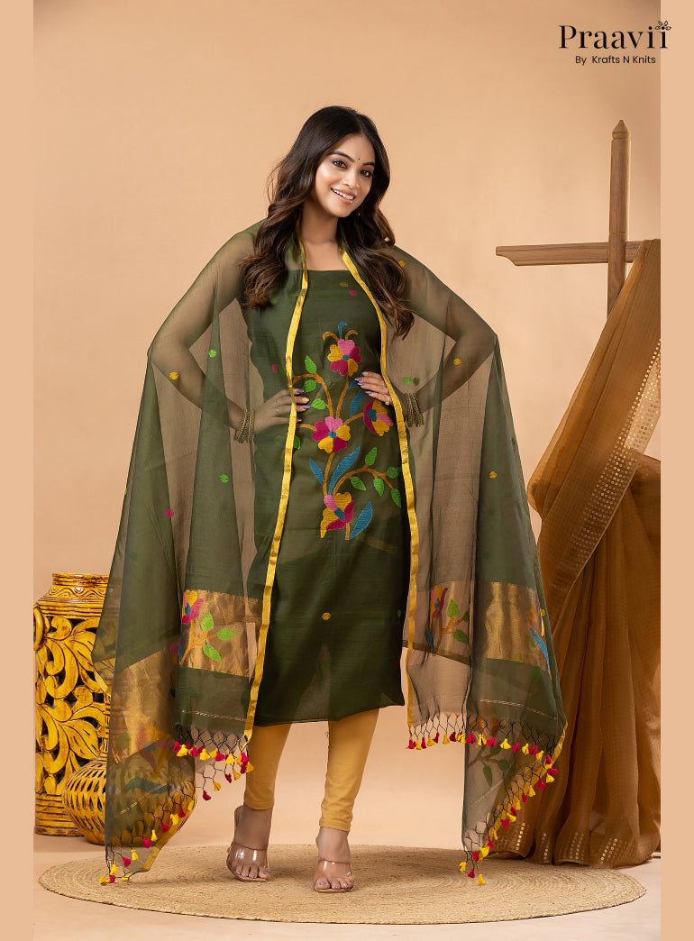 Army Green Muslin Tissue Jamdani 2-Piece Suit Set