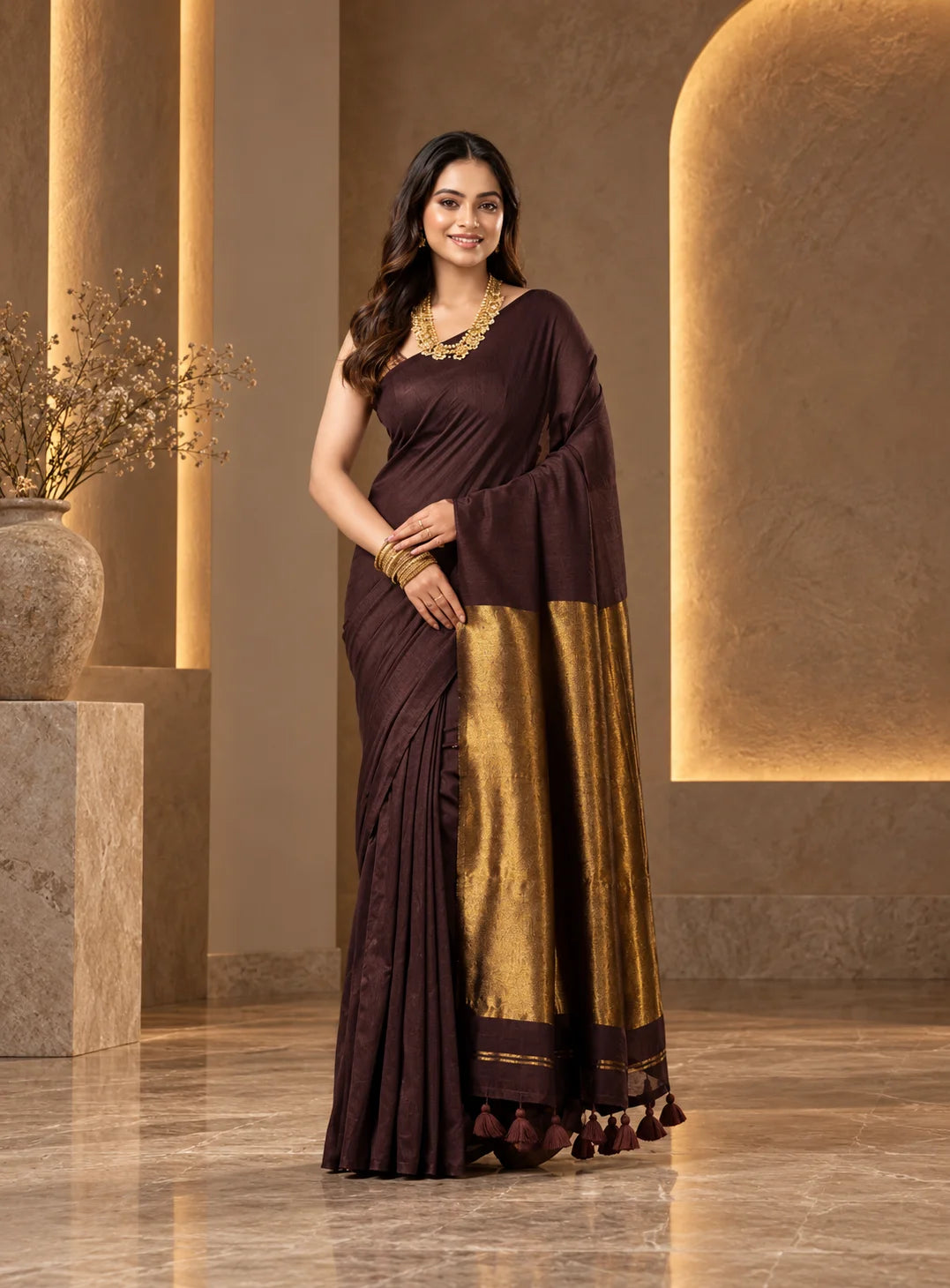 Dark Chocolate Brown Silk by Cotton Tissue Saree