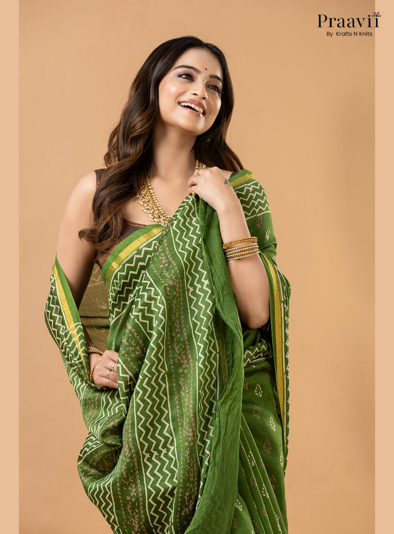 Fun Green Chanderi Handblock Print Saree