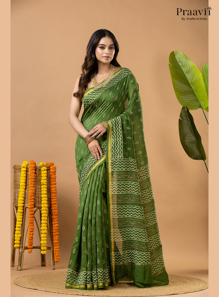 Fun Green Chanderi Handblock Print Saree