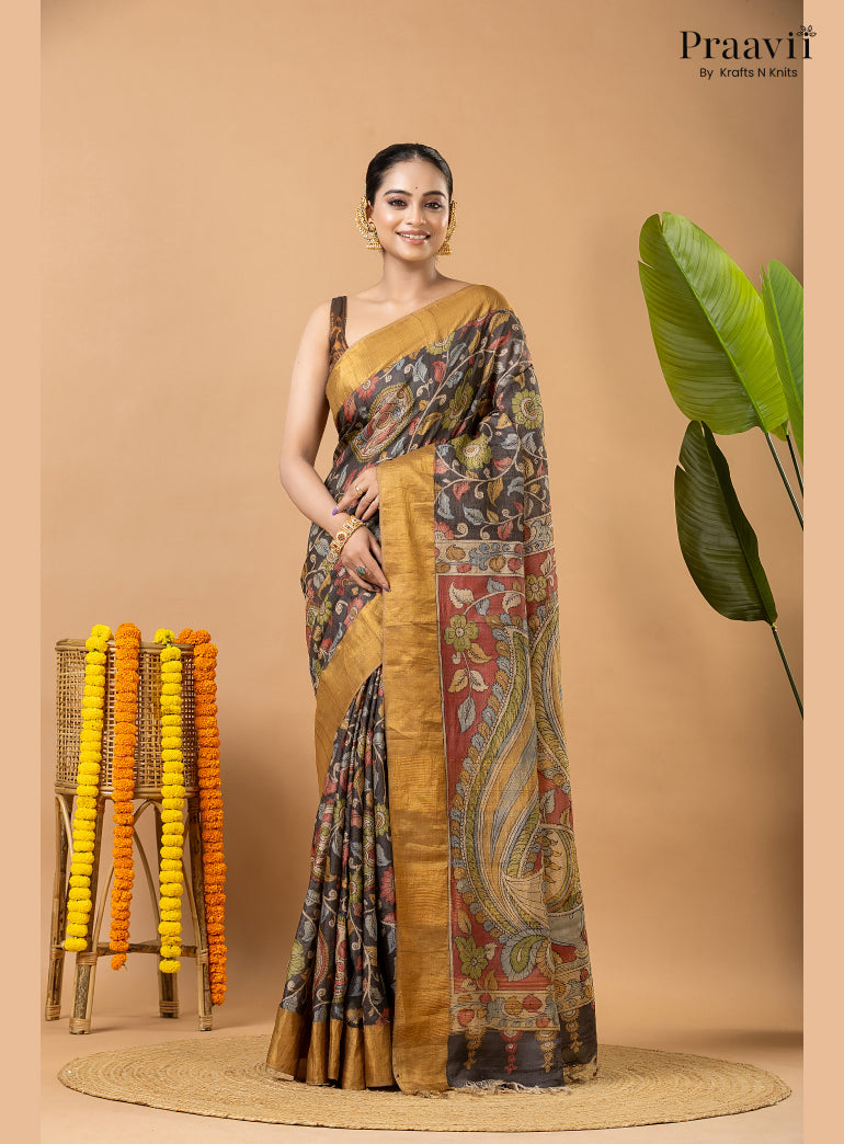 Charcoal Black Pure Tussar Natural Dye Pen Kalamkari Saree