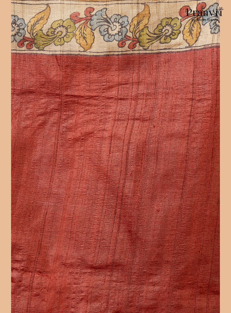 Charcoal Black Pure Tussar Natural Dye Pen Kalamkari Saree