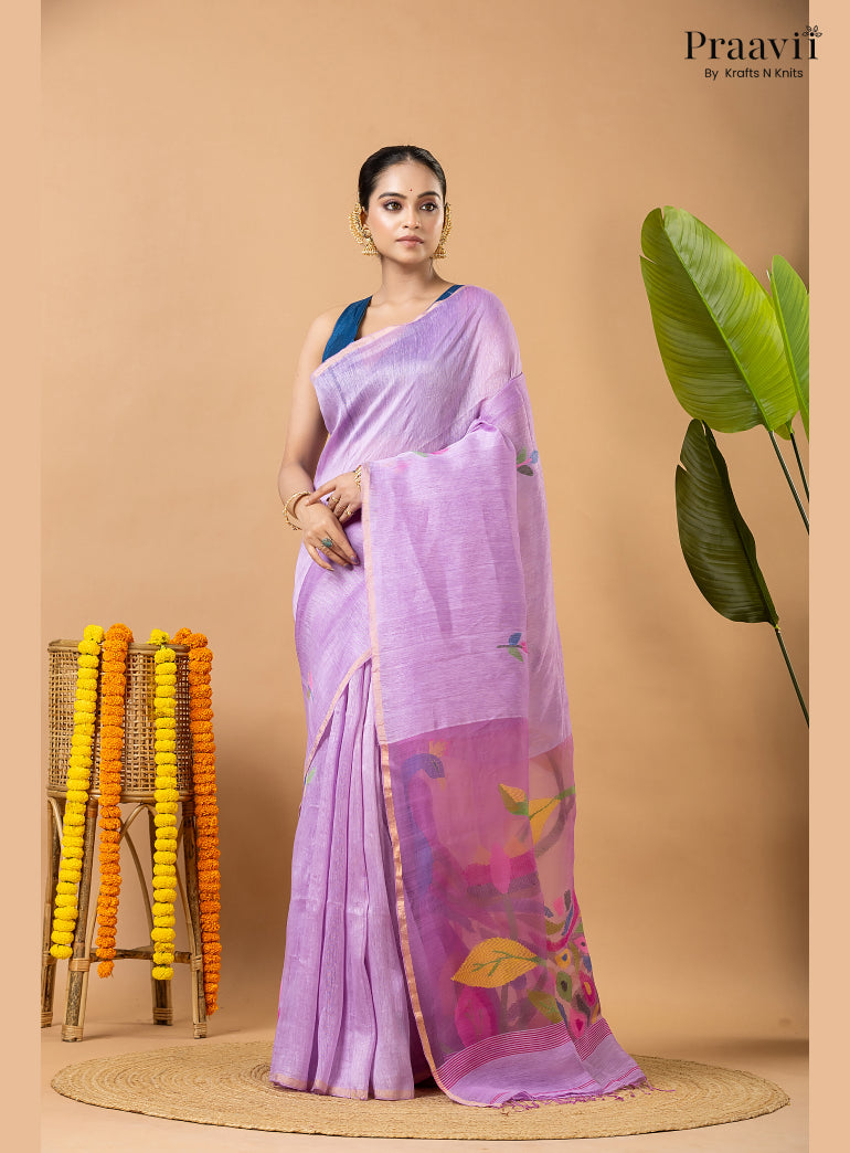 Lavender Pure Silk Linen Jamdani Saree with Muslin Pallu