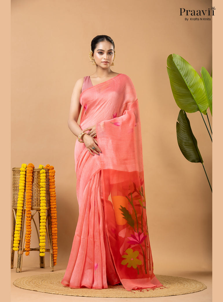 Rose Pink Pure Silk Linen Jamdani Saree with Muslin Pallu