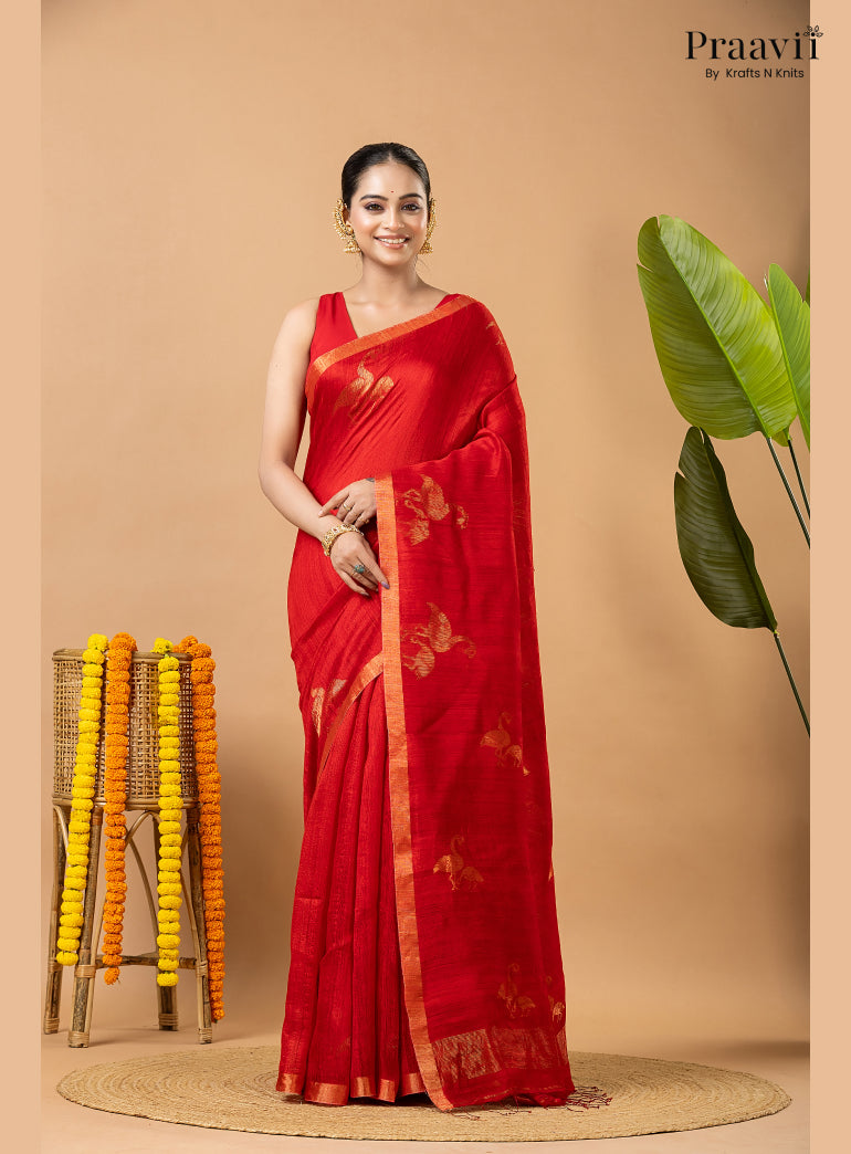 Scarlet Red Pure Matka Bird Jamdani Saree
