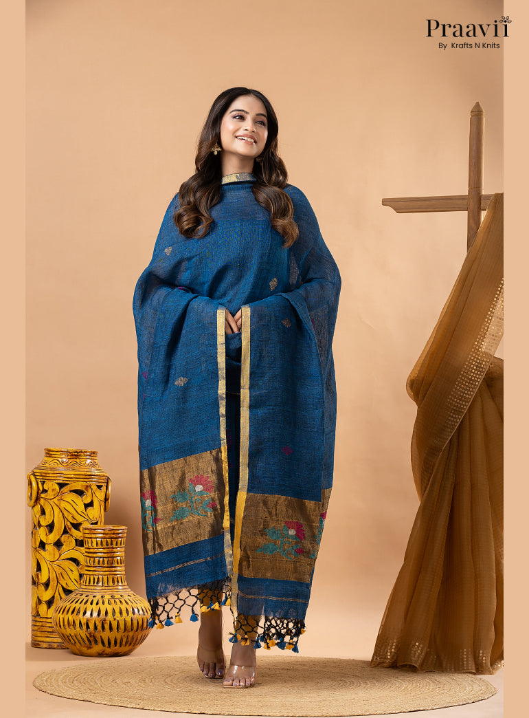 Cobalt Blue Linen Paithani Jamdani 2-Piece Suit Set