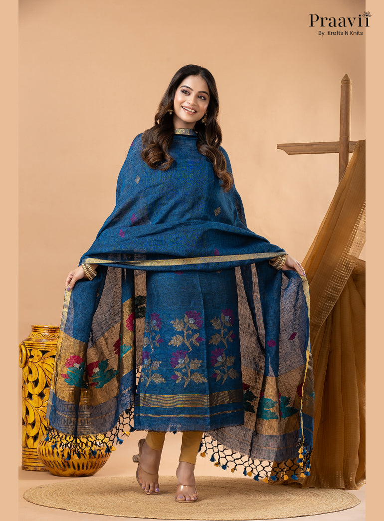 Cobalt Blue Linen Paithani Jamdani 2-Piece Suit Set