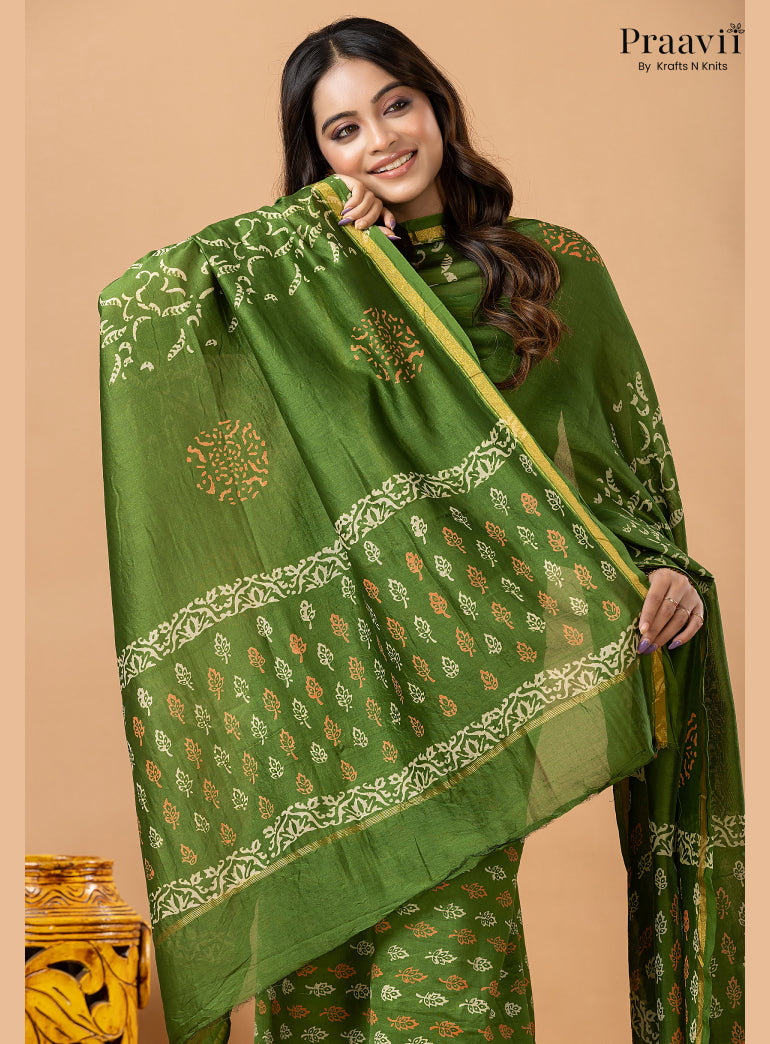Grass Green Chanderi Silk Handblock Print 2-Piece Suit Set