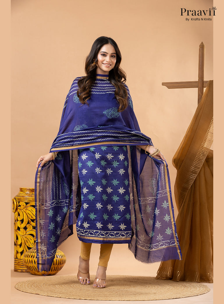 Ink Blue Chanderi Silk Handblock Print 2-Piece Suit Set