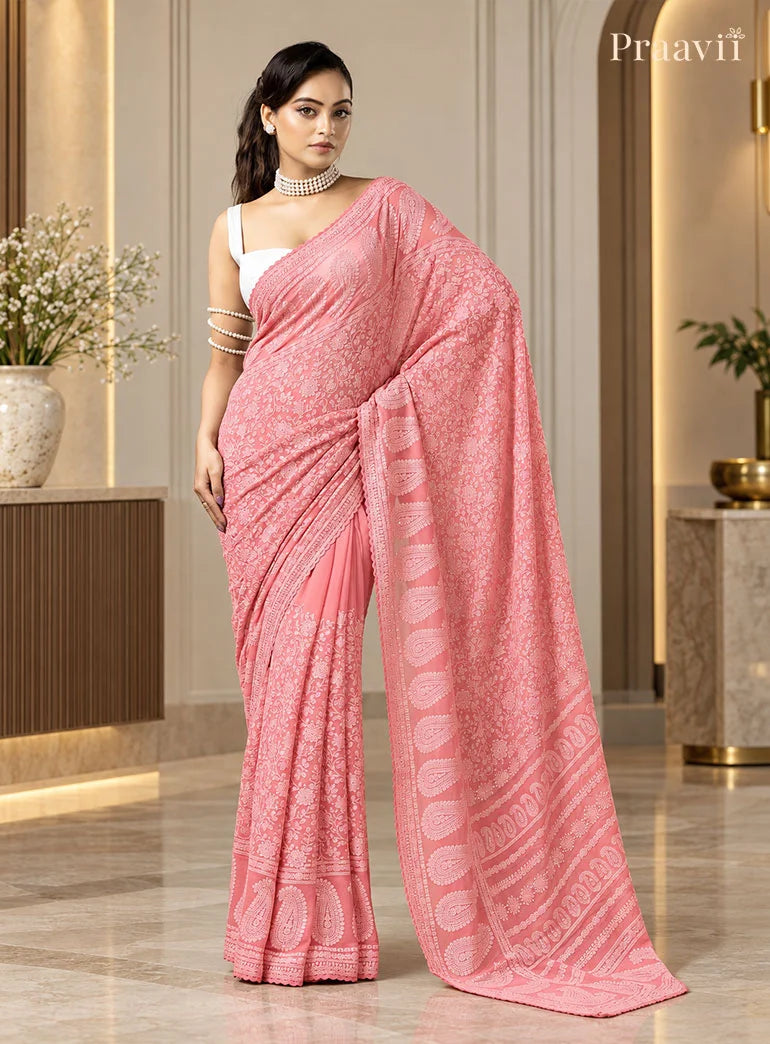 Blush Pink Chikankari Pure Georgette Saree