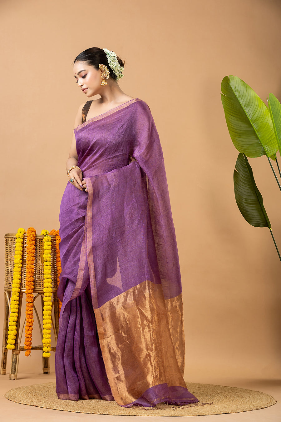 Amethyst Purple Tissue Linen Saree with Tissue Pallu
