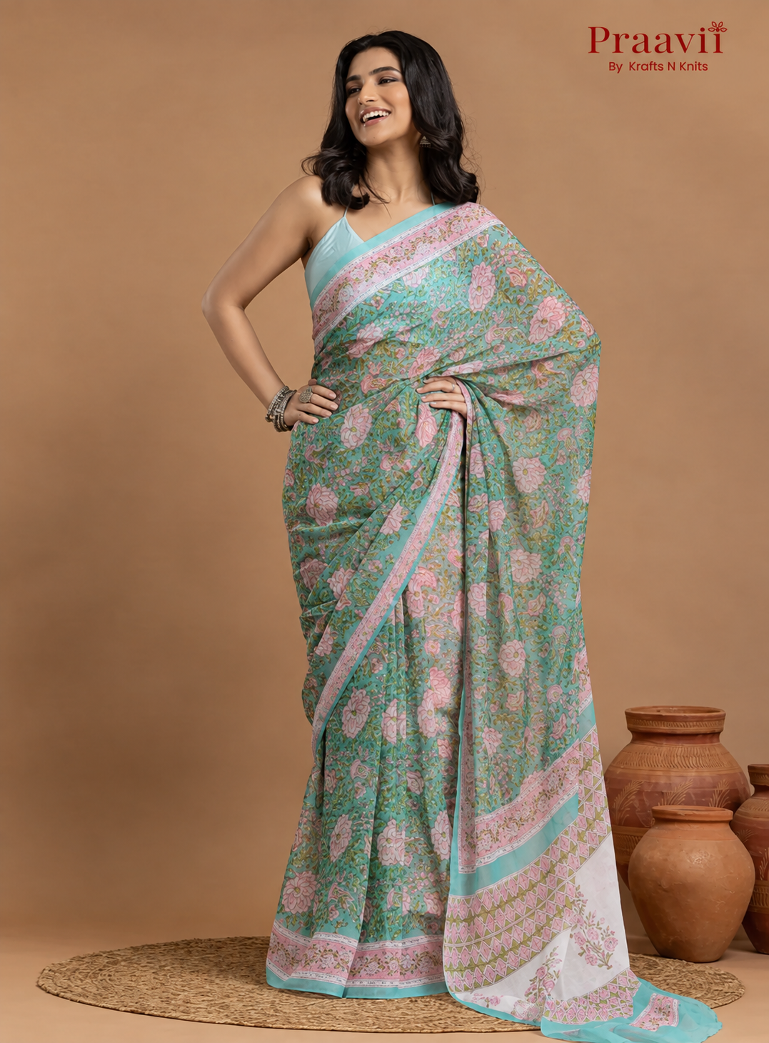 Soft Green Pure Chiffon Saree with Hand Block Print