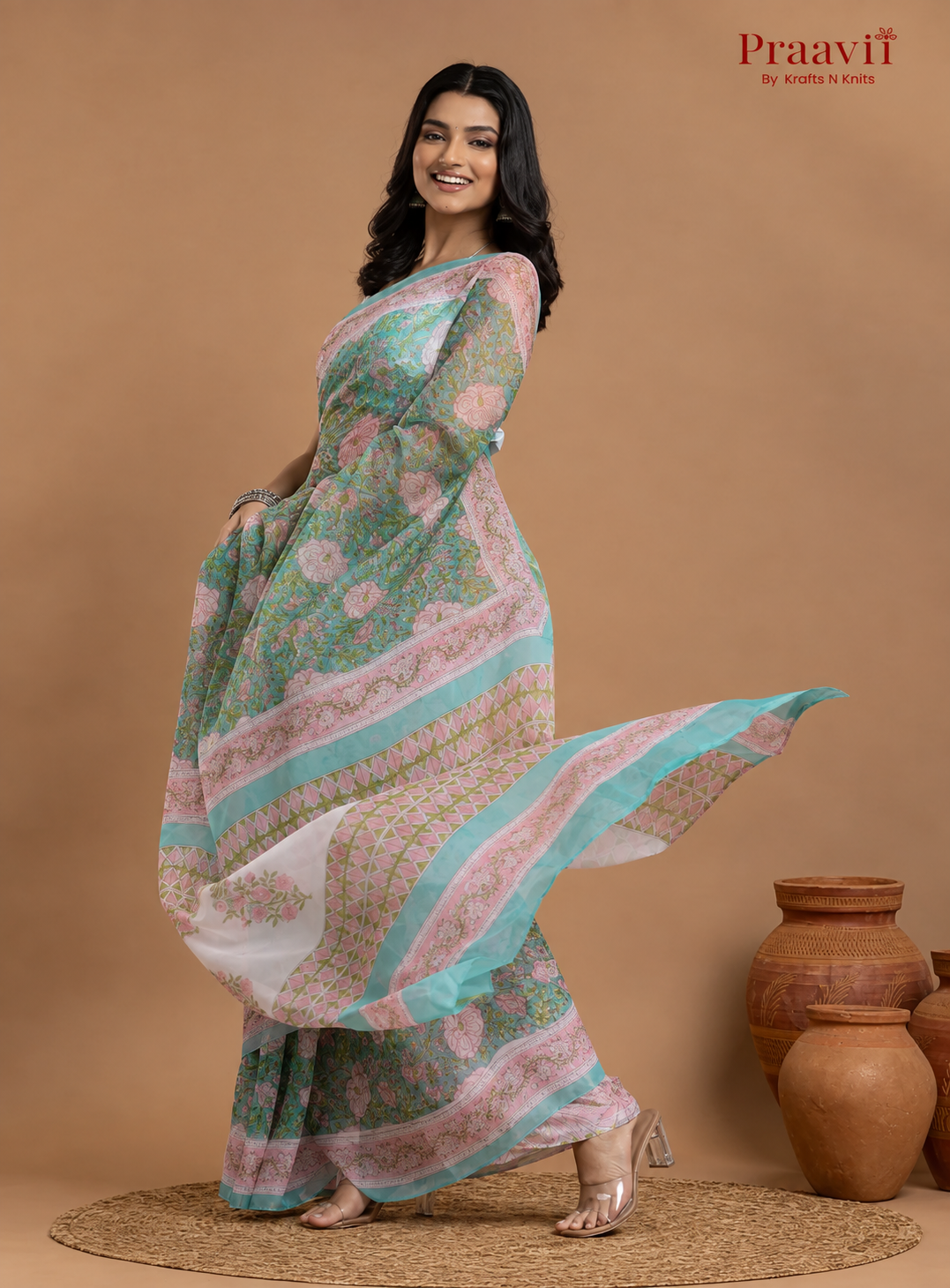 Soft Green Pure Chiffon Saree with Hand Block Print