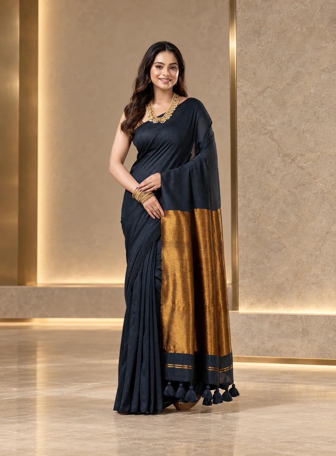 Elegant Navy Silk by Cotton Tissue Saree