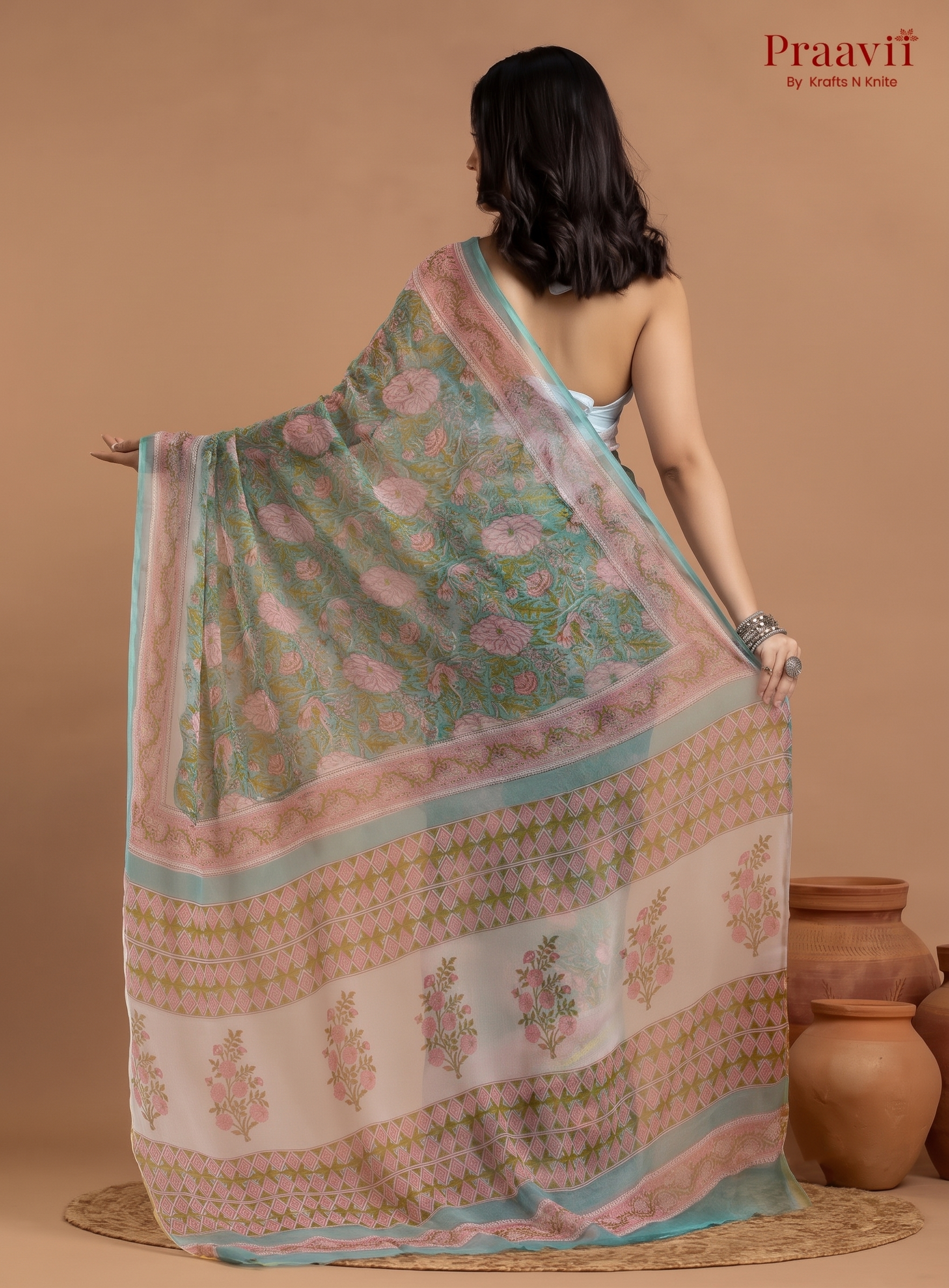 Soft Green Pure Chiffon Saree with Hand Block Print