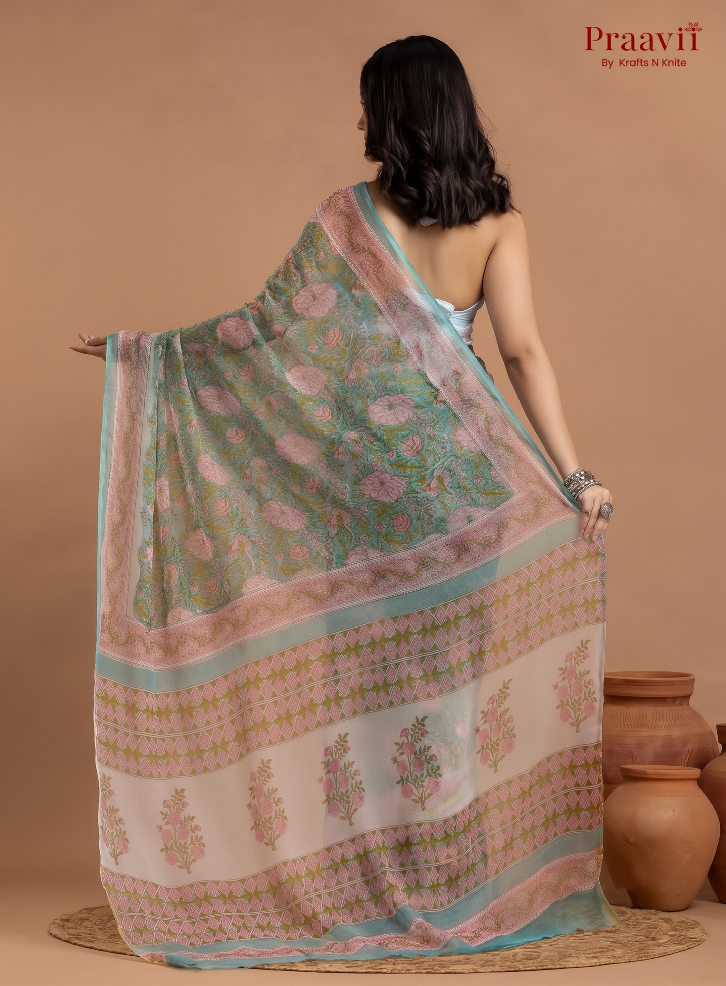 Soft Green Pure Chiffon Saree with Hand Block Print