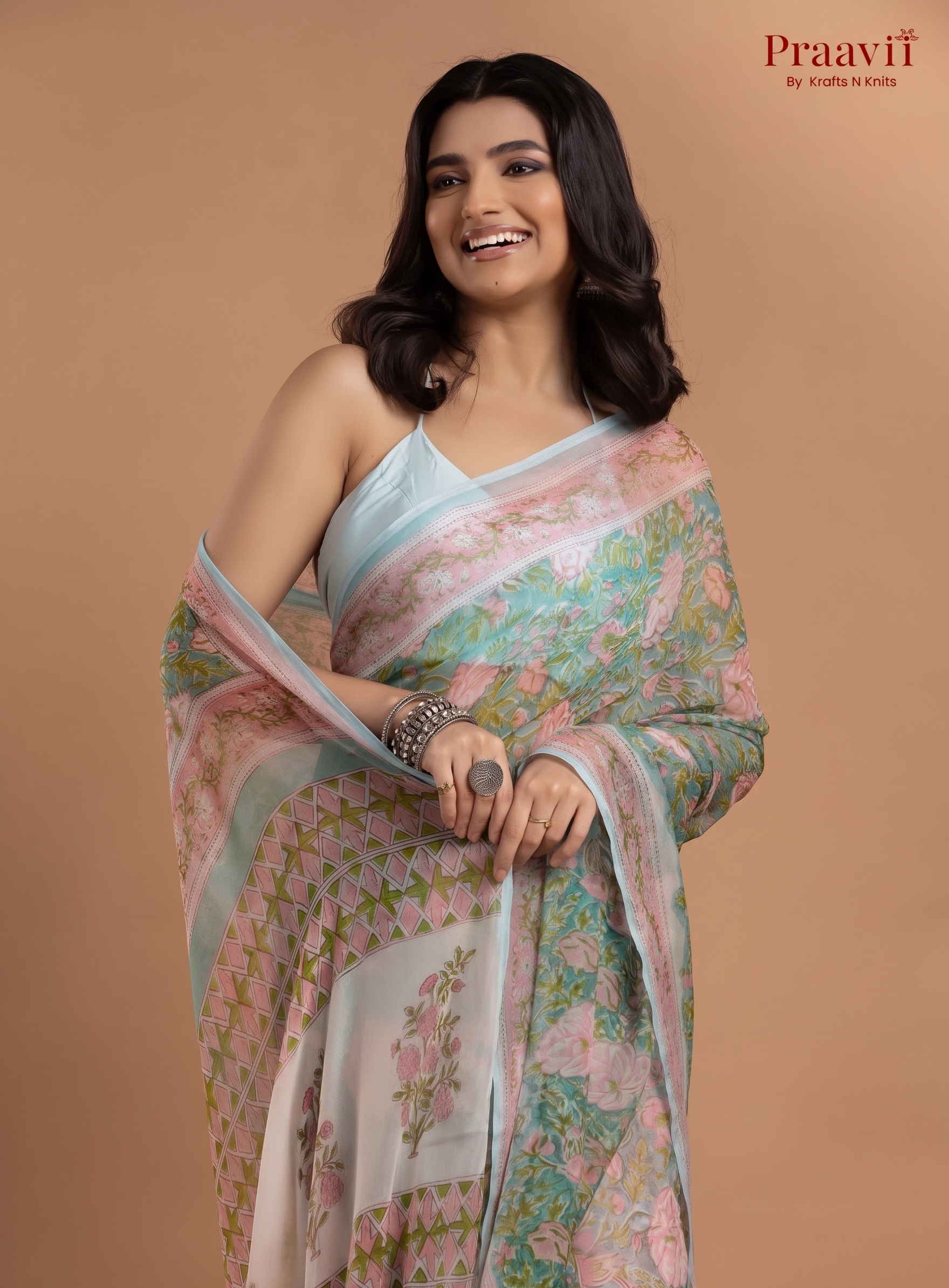 Soft Green Pure Chiffon Saree with Hand Block Print