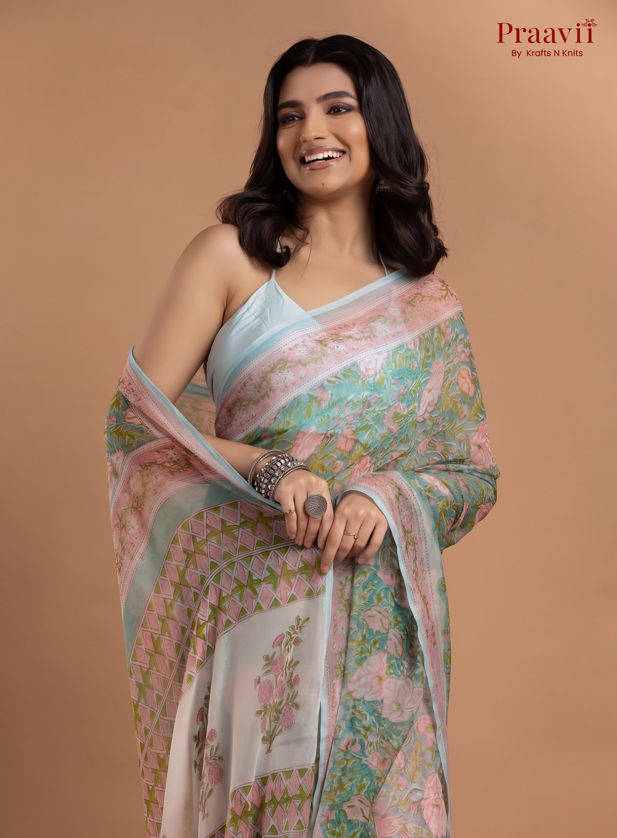 Soft Green Pure Chiffon Saree with Hand Block Print