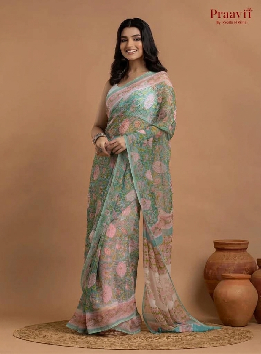Soft Green Pure Chiffon Saree with Hand Block Print