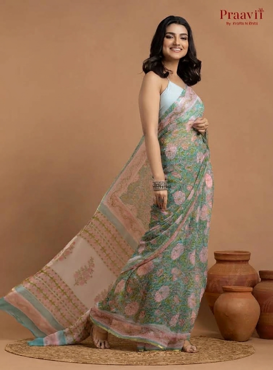 Soft Green Pure Chiffon Saree with Hand Block Print