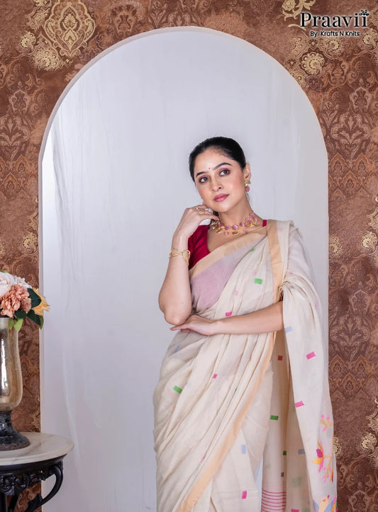 Off-White Pure Cotton Jamdani Handwoven Saree