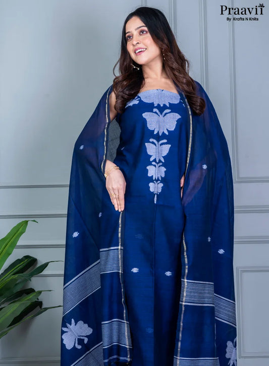 Navy Blue Unstitched Suit Set Cotton