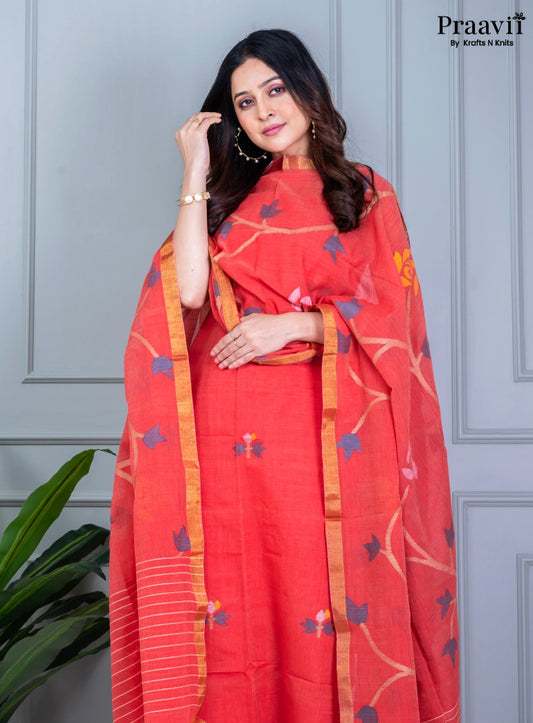 Orange Rust Unstitched Cotton Jamdani Suit Set