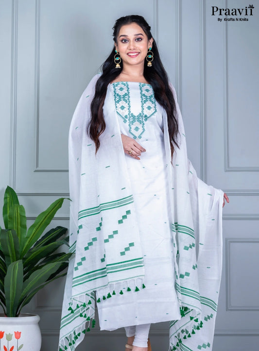 White Dhakai Jamdani Unstitched Cotton Suit Set