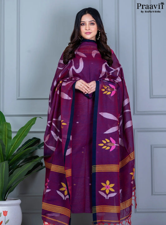 Purple Handwoven Cotton Jamdani Unstitched Suit Set