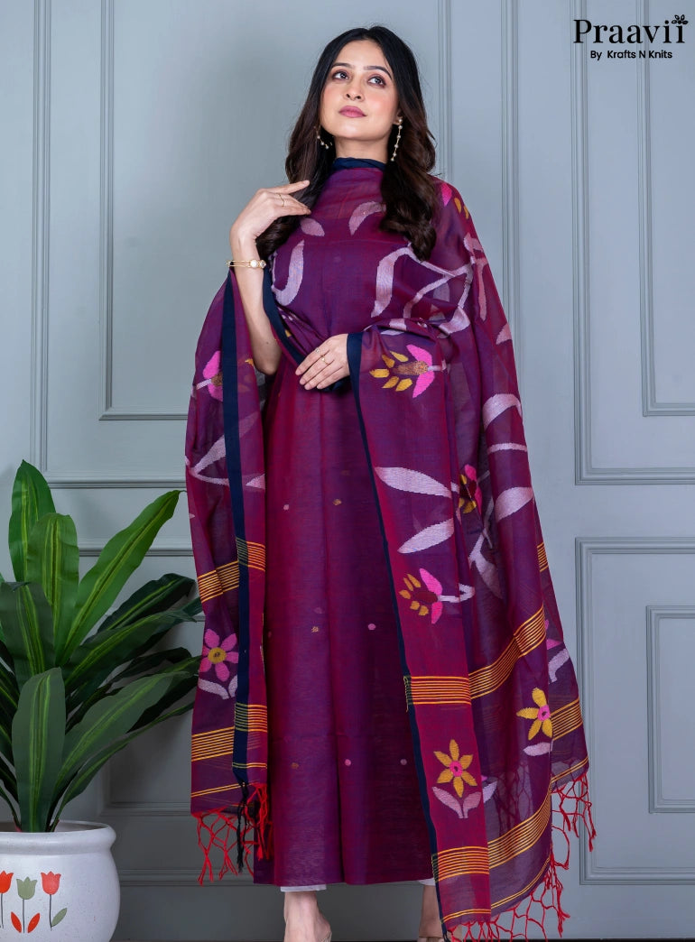 Purple Handwoven Cotton Jamdani Unstitched Suit Set