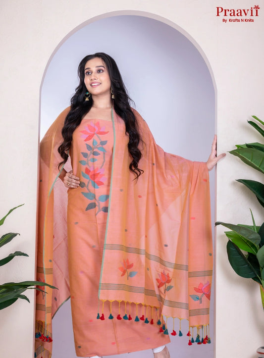Dark Peach Color Handwoven Cotton Jamdani Unstitched Suit Set