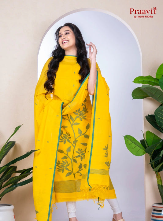 Yellow Handwoven Cotton Jamdani Unstitched Suit Set