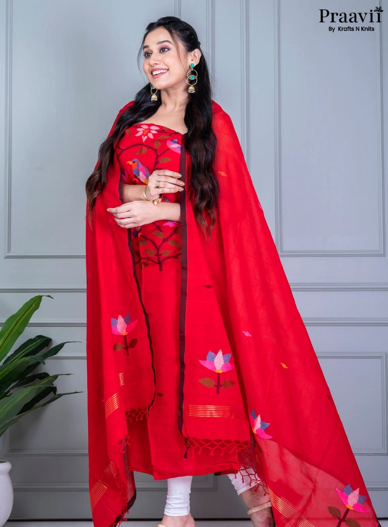 Red Handwoven Cotton Jamdani Unstitched Suit Set